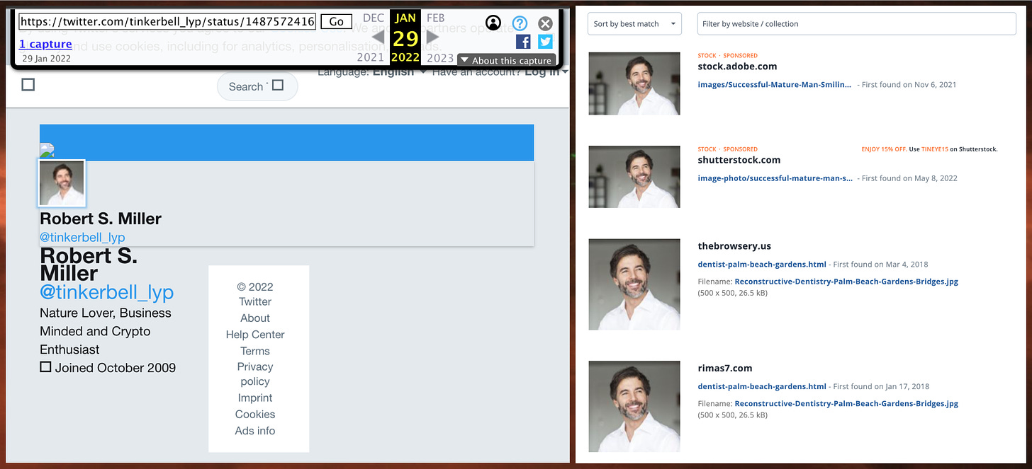 TinEye reverse image search showing that the account's previous profile photo is a stock photo