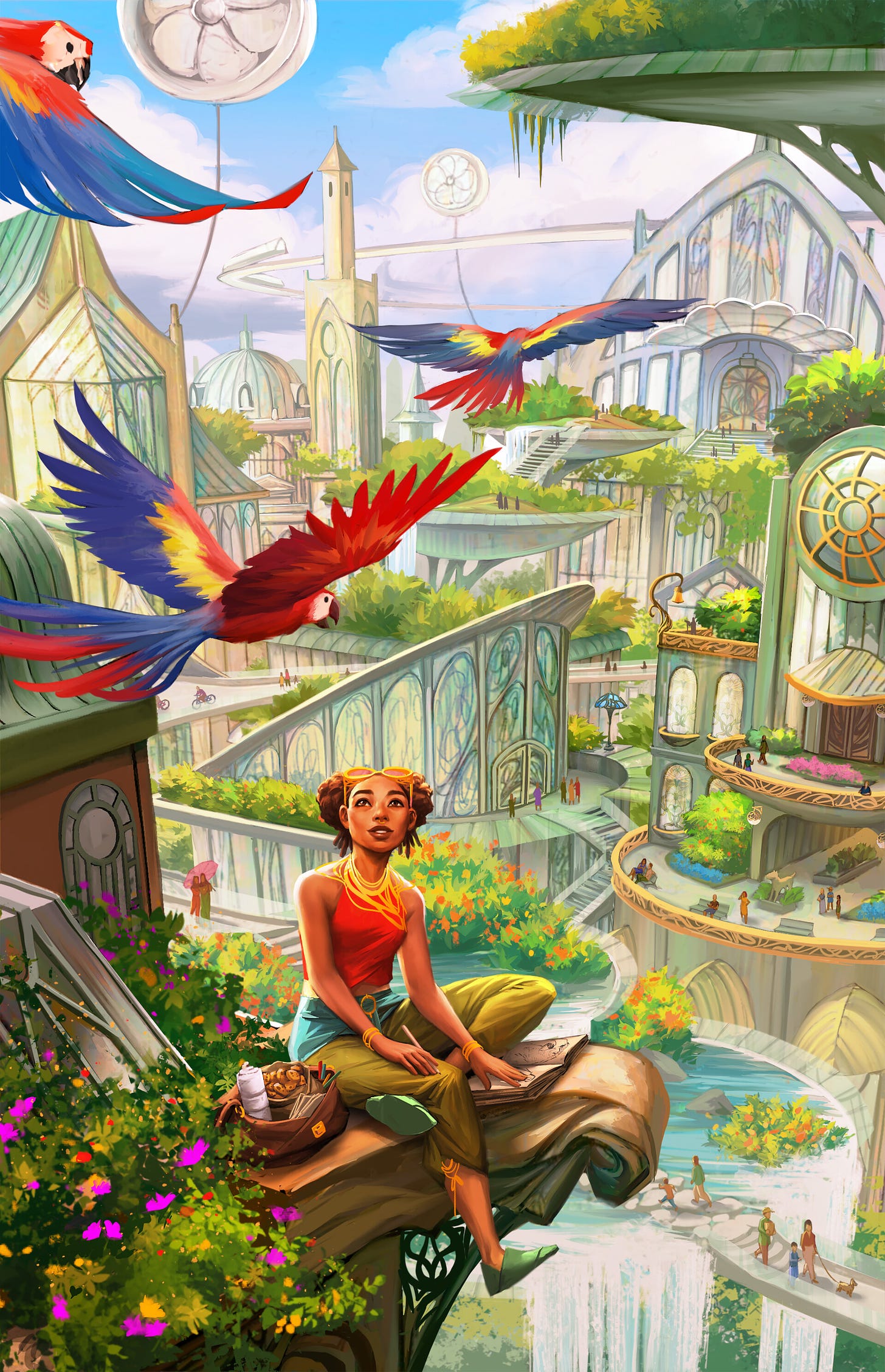 Woman sitting high above looking at parrots while surrounded by futuristic architechture and nature.