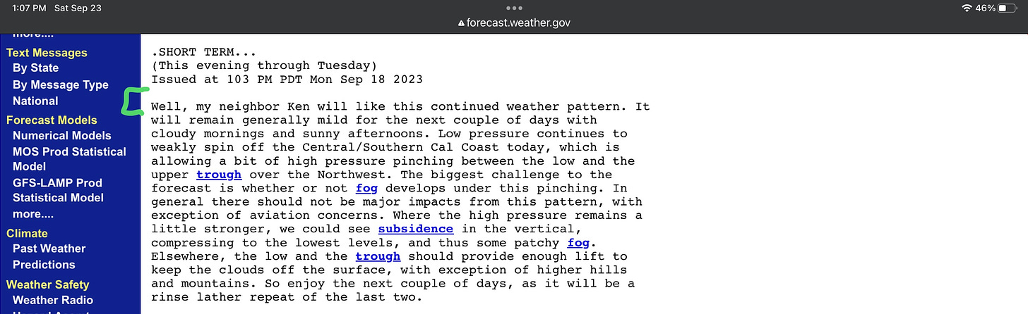 NWS Bay Area forecast discussion mentioning an apparent neighbor of the forecaster