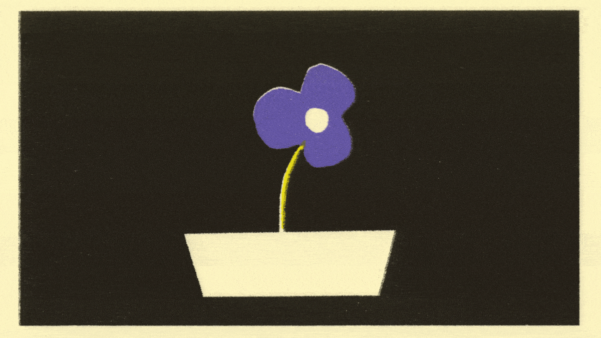 A riso animation in gif form, depicting a surreal lifecycle of a flower. A purple petalled flower fades but then a new stem grows beneath it, lifting it into the air and out of frame. A riso animation in gif form, depicting a surreal lifecycle of a flower. A purple petalled flower fades but then a new stem grows beneath it, lifting it into the air and out of frame.