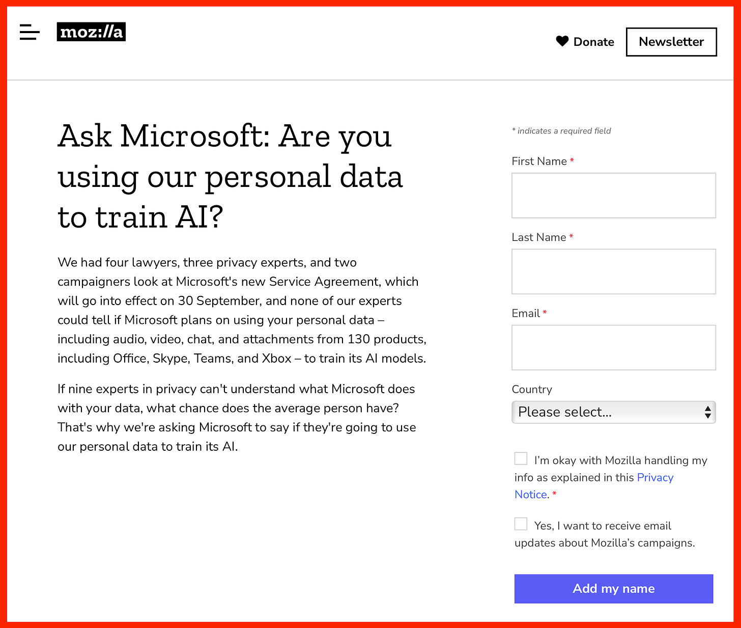 Ask Microsoft: Are you using our personal data to train AI? We had four lawyers, three privacy experts, and two campaigners look at Microsoft's new Service Agreement, which will go into effect on 30 September, and none of our experts could tell if Microsoft plans on using your personal data – including audio, video, chat, and attachments from 130 products, including Office, Skype, Teams, and Xbox – to train its AI models.  If nine experts in privacy can't understand what Microsoft does with your data, what chance does the average person have? That's why we're asking Microsoft to say if they're going to use our personal data to train its AI.