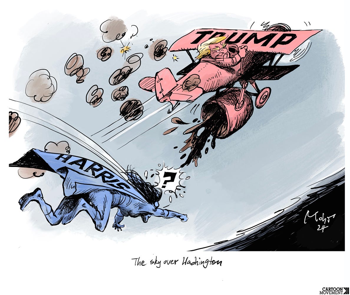 Cartoon showing Kamala Harris flying in a Superman costume, overtaking by Trump as the Red Baron in an old-fashioned plane with a giant pot of tar attached to the underside, which he is dumping on Harris.