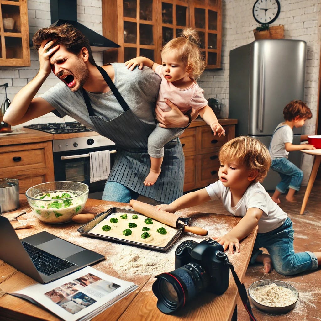 A stressed-out parent working from home as a food blogger, struggling to balance work and parenting. The scene is a cluttered kitchen with a laptop open on the counter, a camera set up for food photography, and a half-finished dish in progress. Two young children, a toddler and a school-aged kid, are causing chaos—one is pulling on the parent's arm while the other spills flour on the floor. The parent looks overwhelmed but determined, wearing casual home clothes with messy hair. The atmosphere captures the challenge of juggling remote work and parenting.