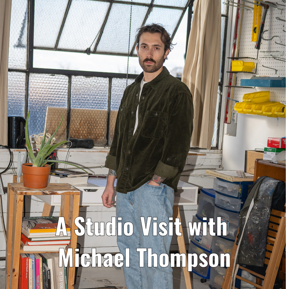 picture of painter michael thompson in his studio with text "studio visit with michael thompson" overlaid