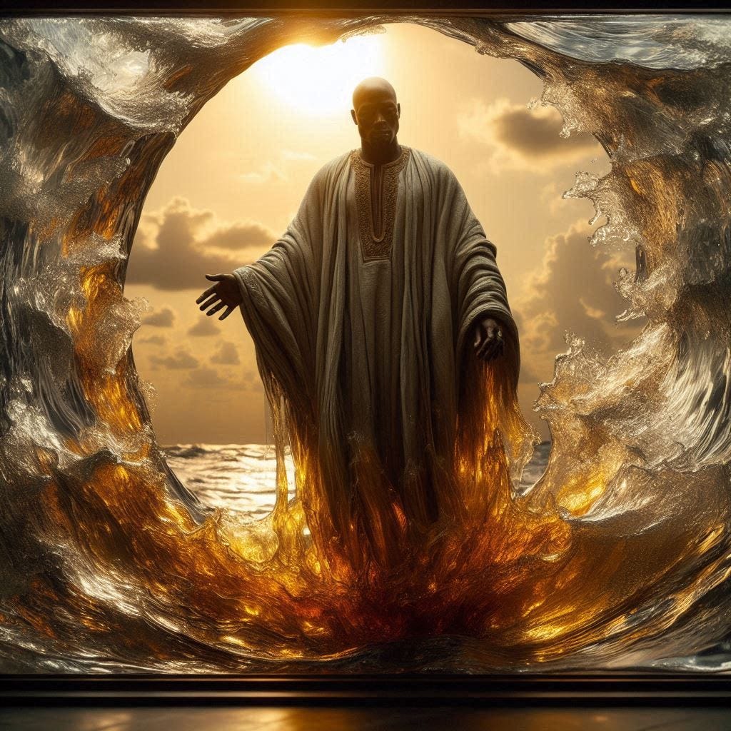 resin sun inside glass; tiltshift /flying at angles/ 8d angled glass embedded /beautiful, heroic, strong handsome, rotund Nigerian man leaning into camera/ velvet blonde, cream, ivory long coat/ black leather boots. water in resin/ ; he is at Monks mound at Cahokia / amber cream,tsunami full of fire/ reverberating waves. black hole in floor/ water in resin verdigris/ In the style of Michael Parkes. black etching/ black linework/ daytime sky/fluffy clouds 
