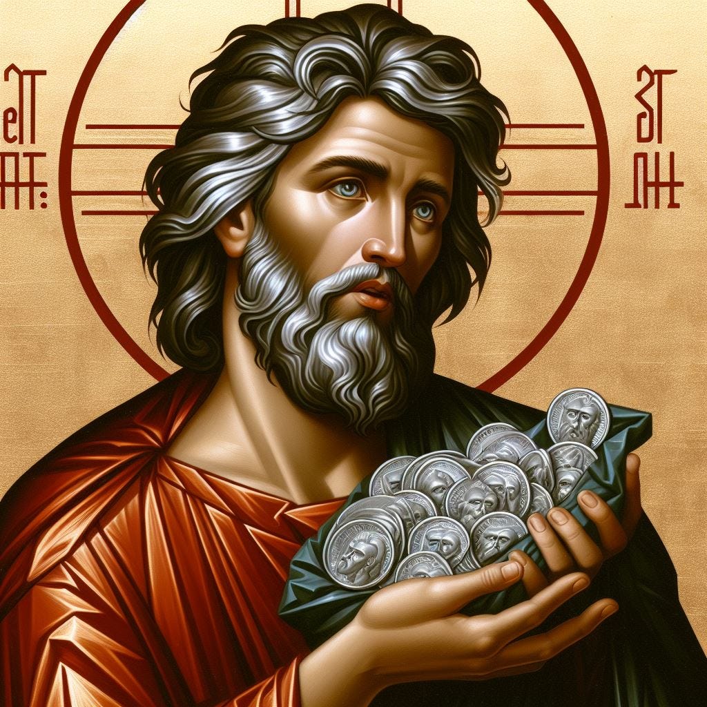 Judas iscariot as a saint holding 30 pieces of silver in the style of an orthodox icon
