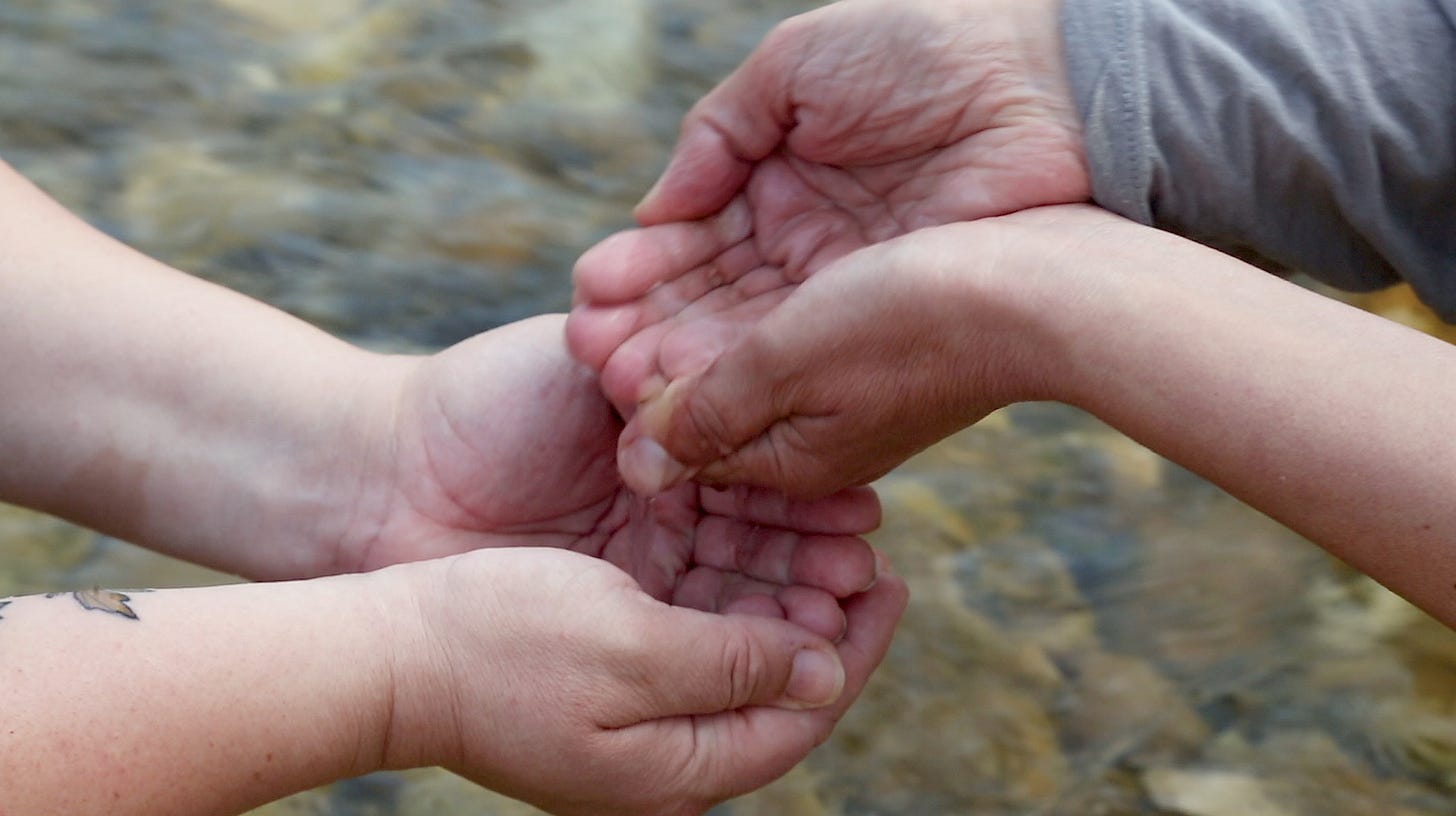 The cupped hands of two people hover over a shallow river, carefully passing river water between them.