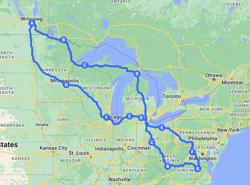A map showing a route from Richmond, VA to Winnipeg, MB, and back again