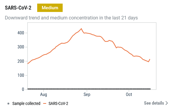 A line graph titled, “SARS-CoV-2: Downward trend and medium concentration in the last 21 days.” To the right of the title is a yellow box with white text that reads, “Medium,” indicating medium concentration overall in the last 21 days. The y-axis scales from 0 to 400 PMMoV. The x-axis spans from August to October. The graph depicts a peak of 430.5 PMMoV Normalized on August 28, 2023. The trend decreases to current data, at 183.5 PMMoV Normalized on October 17, 2023.
