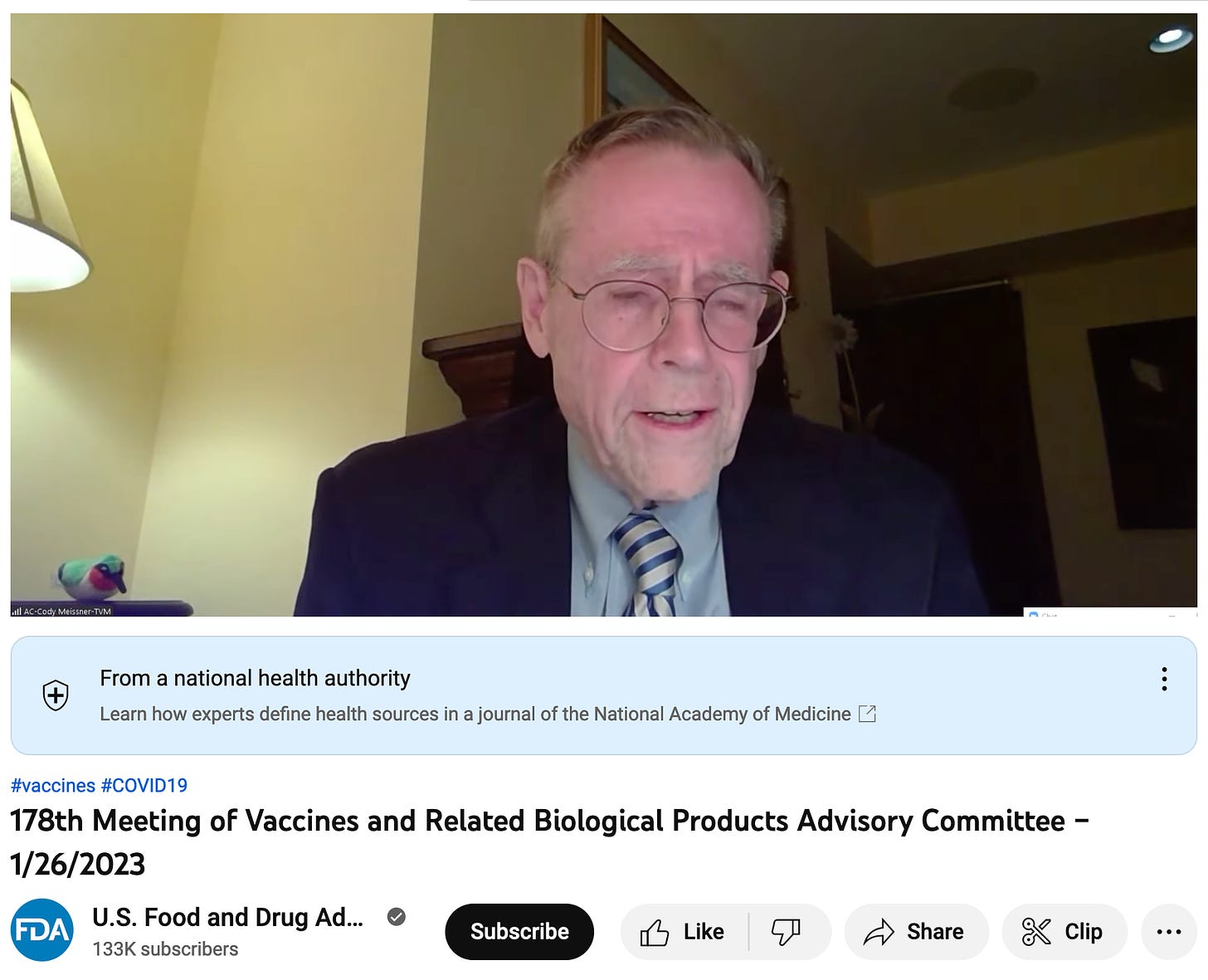 The image is a screenshot of of Dr Cody Meissner speaking in a youtube video on the FDA video for the 178th meeting of vaccines and related biological products advisory committee January 26, 2023 