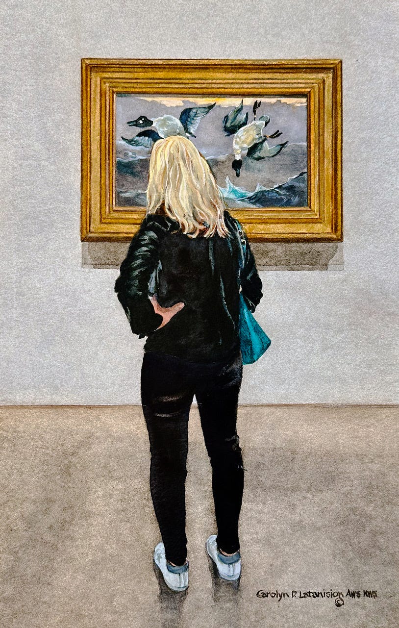 A person looking at a painting

Description automatically generated