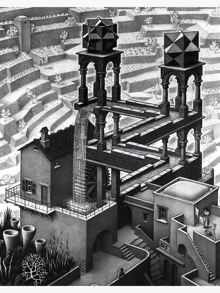 M. C. Escher's painting, Waterfall, which depicts a path leading to a waterfall above a water wheel. The path is either on a flat plane or different heights depending on perspective 