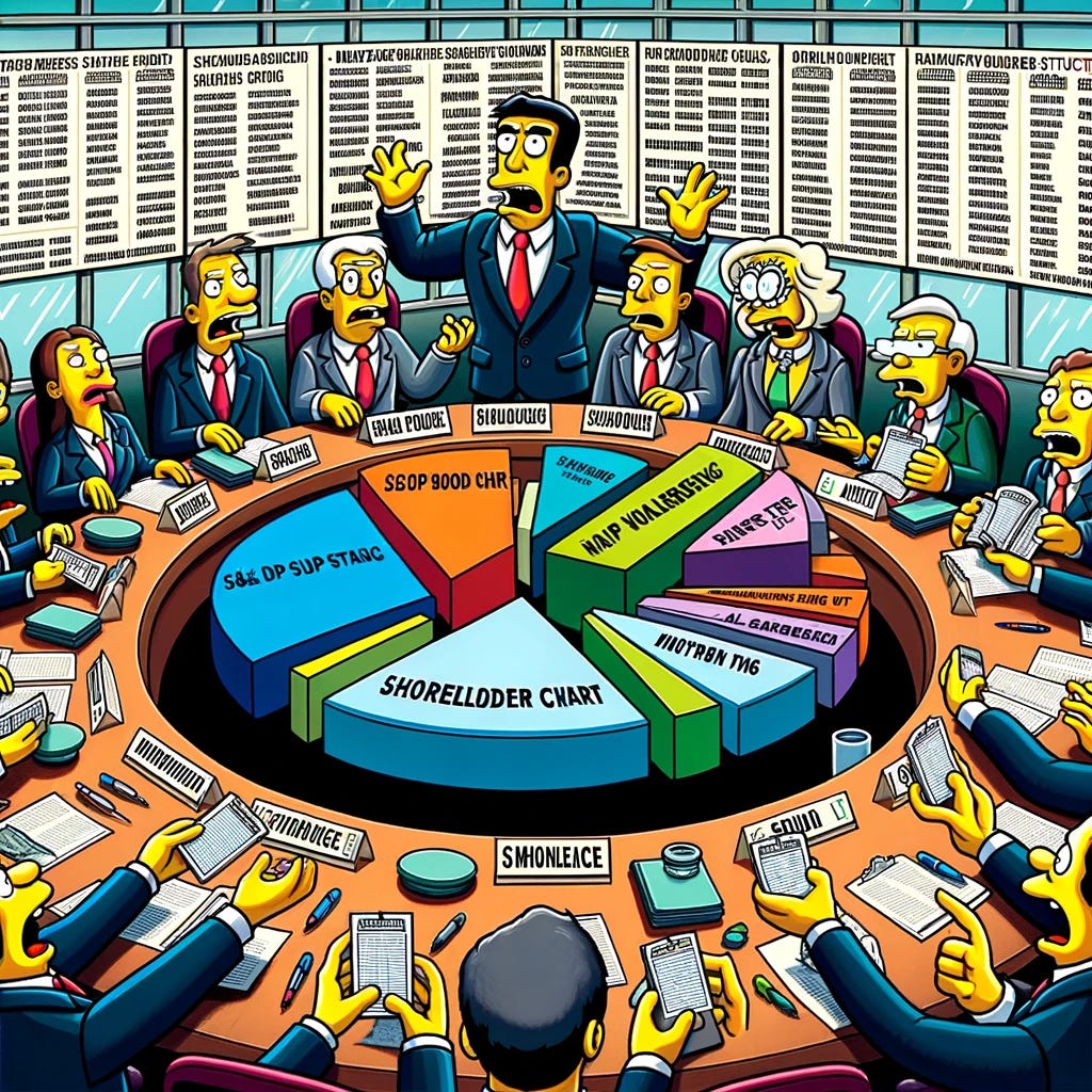 Create a cartoon-style title image for a newsletter based on an article about S&P 500 executives dealing with complex shareholder structures. Depict a chaotic scene in a corporate boardroom, with a diverse group of executives and stakeholders holding small pieces of a pie chart, symbolizing fragmented company ownership. The executives look stressed and overwhelmed, while potential investors appear hesitant. In the background, show signs of a complex shareholder structure with numerous names, representing the challenges of managing a large company's ownership. The overall style should be colorful and engaging, similar to 'The Simpsons.' Ensure the faces of the characters are well-defined and appropriate for the cartoon style.