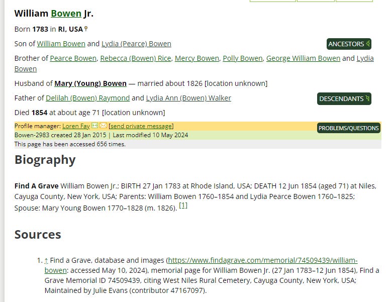 screenshot of William Bowen Jr. WikiTree page