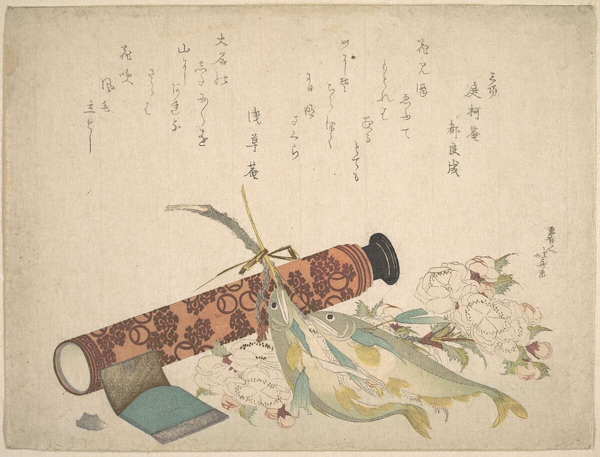 Still Life: Double Cherry-Blossom Branch, Telescope, Sweet Fish, and Tissue Case, Katsushika Hokusai (Japanese, Tokyo (Edo) 1760–1849 Tokyo (Edo)), Woodblock print (surimono); ink and color on paper, Japan 