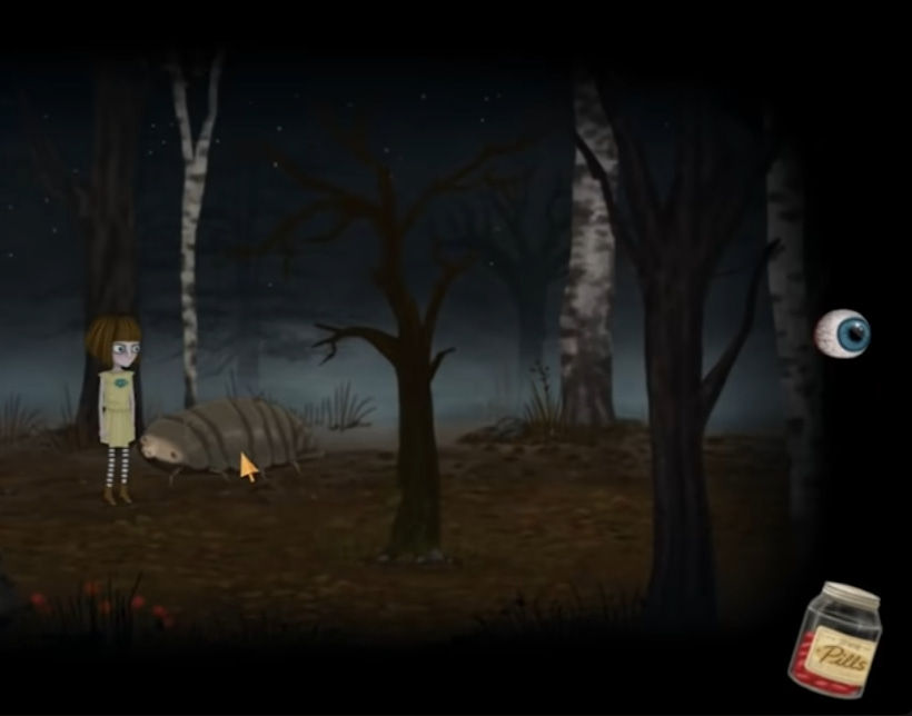 A screenshot where Fran is standing around in the woods outside of the asylum. There is a barren tree in the center of the image, and there's the Beetlepig off to the right. Except for the strange Beetlepig, everything looks pretty normal.
