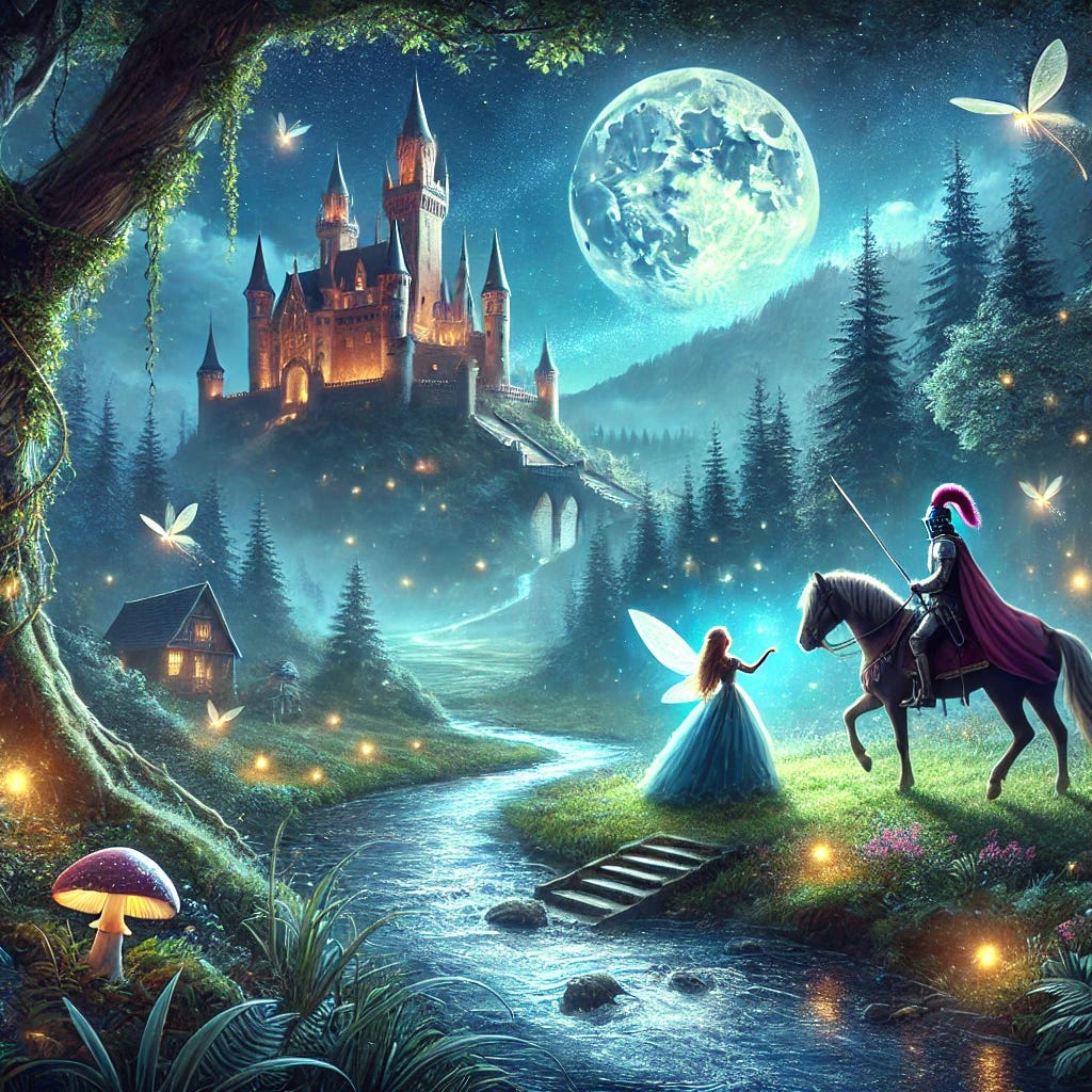 A magical fairy tale scene with a glowing enchanted forest, a majestic castle in the background, and a shimmering river flowing through. A brave knight on horseback approaches a mystical fairy who is casting a spell, while fireflies illuminate the scene. The atmosphere is dreamy and otherworldly, with a full moon casting a soft glow over the landscape.