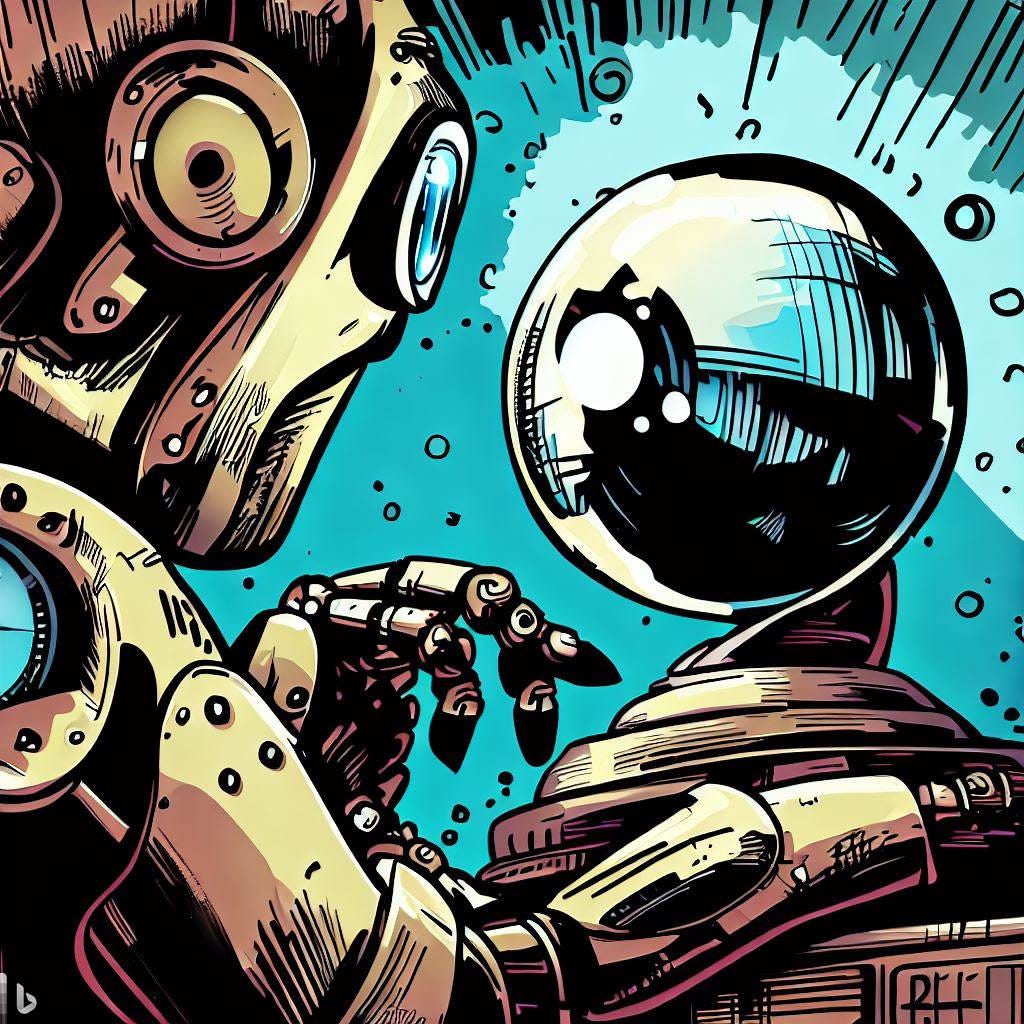 a robot peering into a crystal ball to predict the future, comic book style