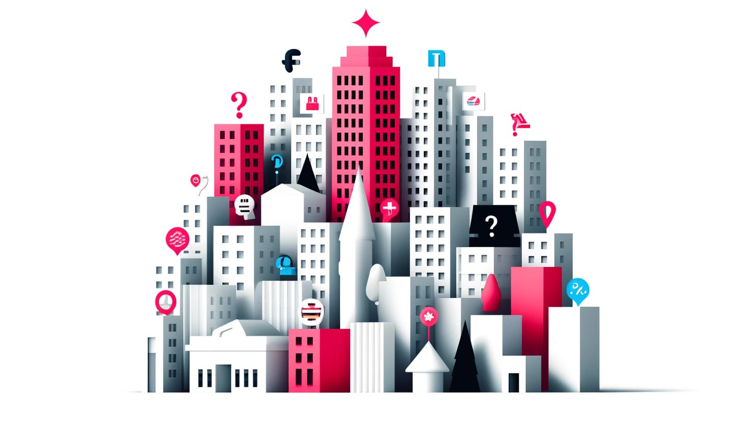 Cover image for a topic 'Why do hotel companies have so many brands?' using a minimalistic design with only three colors: white (#ffffff), black (#000000), and bright pink (#ff2273). The image should feature abstract representations of multiple hotel buildings, differing in style to symbolize diversity among brands, arranged in a simple but effective composition. No text, focusing purely on the visual impact. Size: 1260x900 pixels.