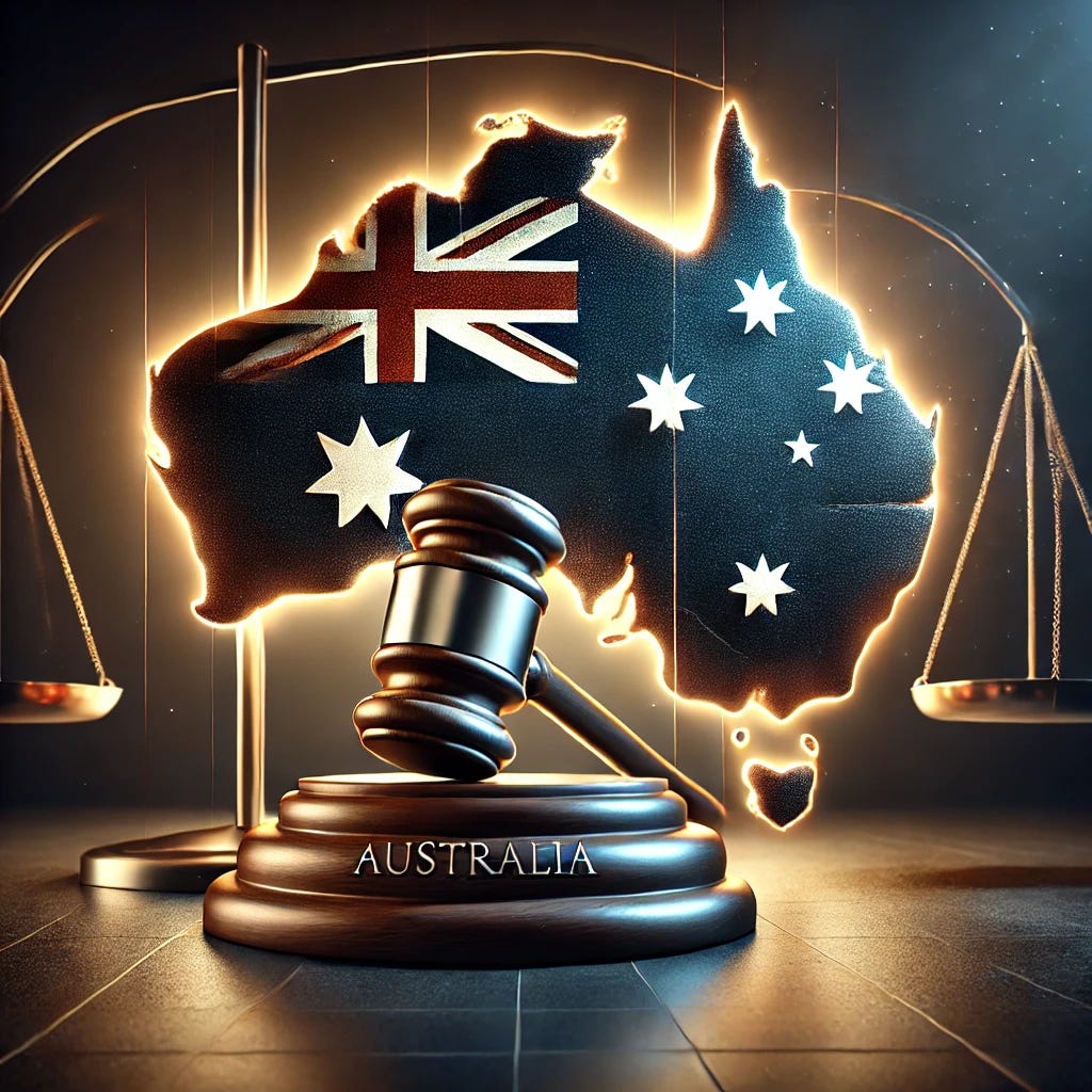 A symbolic digital illustration reflecting the Australian legal system making a firm decision. The centerpiece features a large gavel striking down on a block, with the map of Australia engraved on the block to represent decisive action. Behind the gavel is a balanced scale of justice, symbolizing fairness and authority. The background showcases a glowing outline of Australia, with a strong golden light breaking through dark blue tones, symbolizing justice prevailing over challenges. The composition is clean and professional, with dramatic lighting emphasizing the gavel and scales, creating an authoritative and impactful image. HD rendering, editorial and minimalist style.