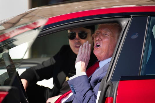 U.S. President Donald Trump and White House Senior Advisor, Tesla and SpaceX CEO Elon Musk sit in a Tesla Model S on the South Lawn of the White House on March 11, 2025 in Washington, DC. AFP/Getty Images