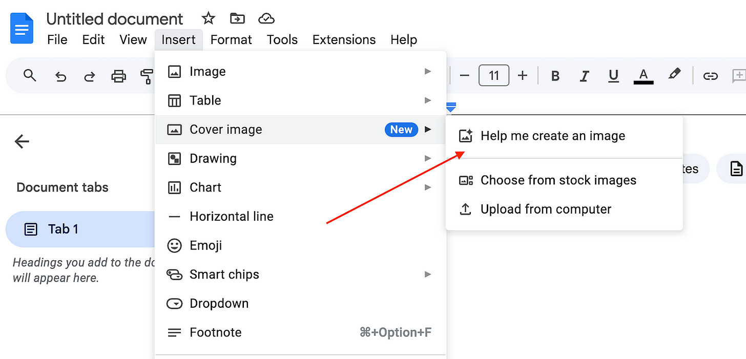 Once you’ve switched modes, a new Cover image option appears under the Insert menu. From here, you can generate your cover image.