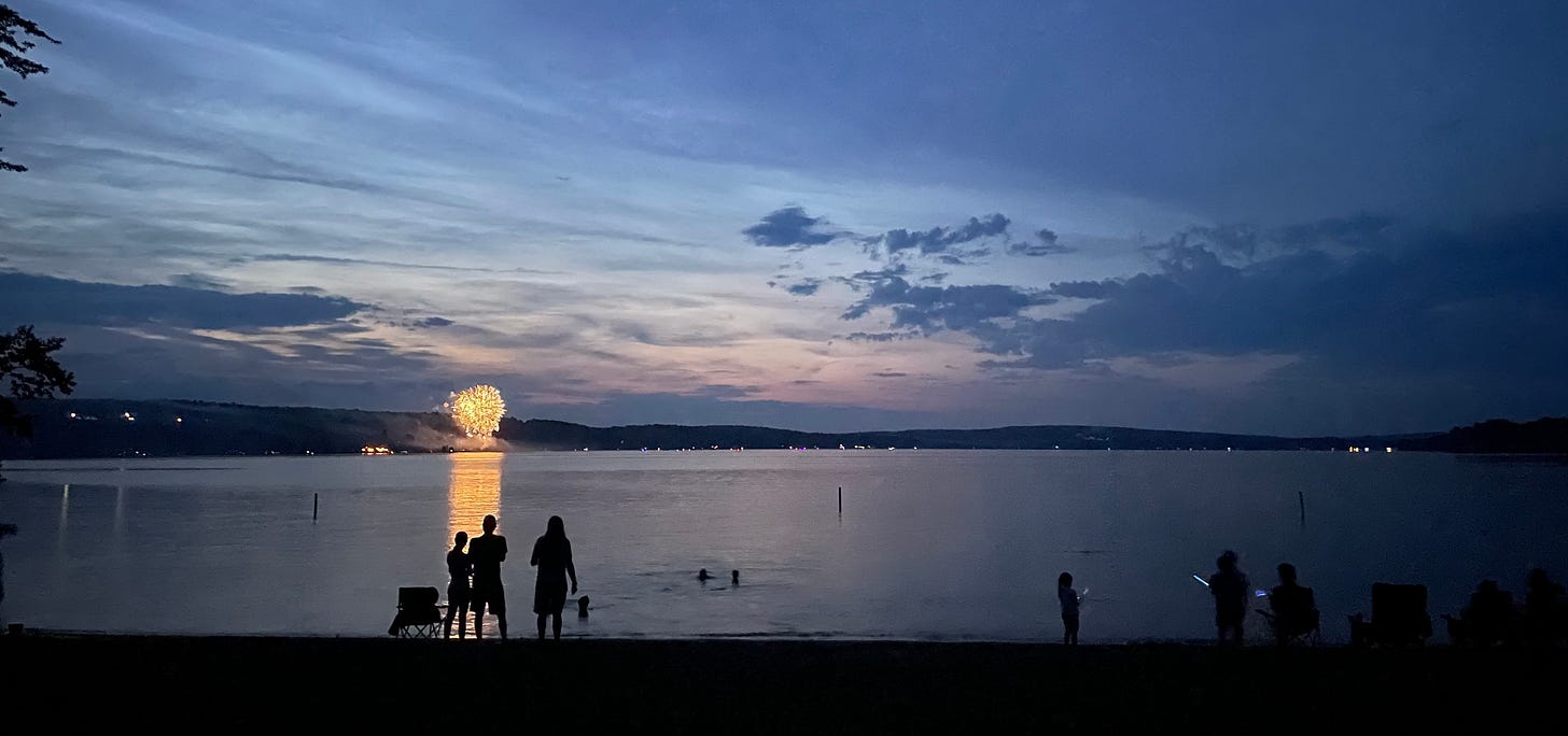A view of a lake at nighttime. Several people can be seen in silhouette watching fireworks on the opposite shore.