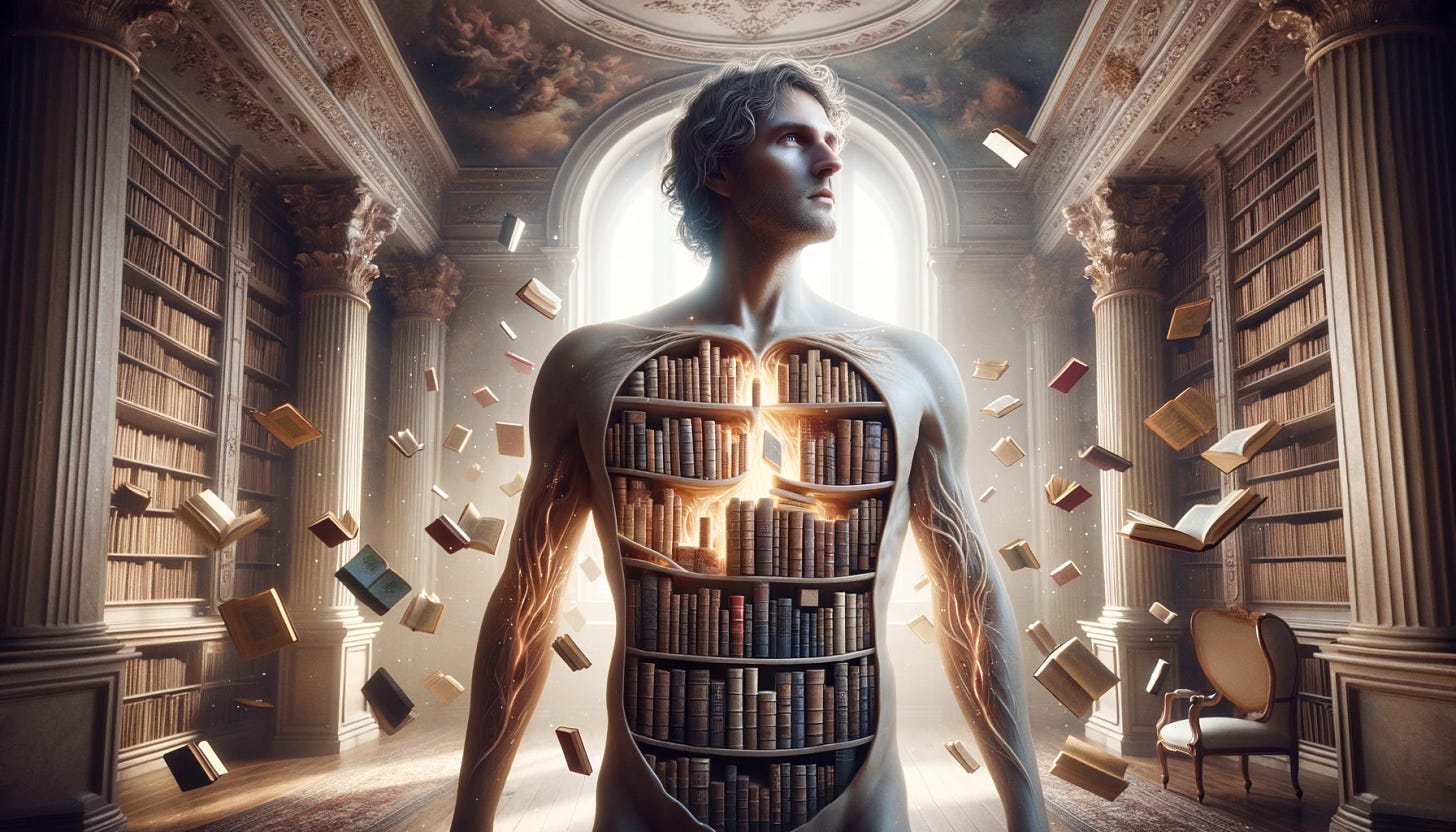 Imagine a person with a unique feature: their chest is a library, filled with books of various sizes and colors. This being stands in a room that seems to be made of knowledge itself, with books floating around them and light filtering through in a soft, ethereal way. The shelves within their chest are visible, intricately carved with elegant designs, and the books are arranged with care, some slightly sticking out. The person has a serene, wise expression, embodying the essence of knowledge and wisdom. The surroundings are a mix of classic and fantastical, suggesting a space where reality and imagination blend seamlessly.