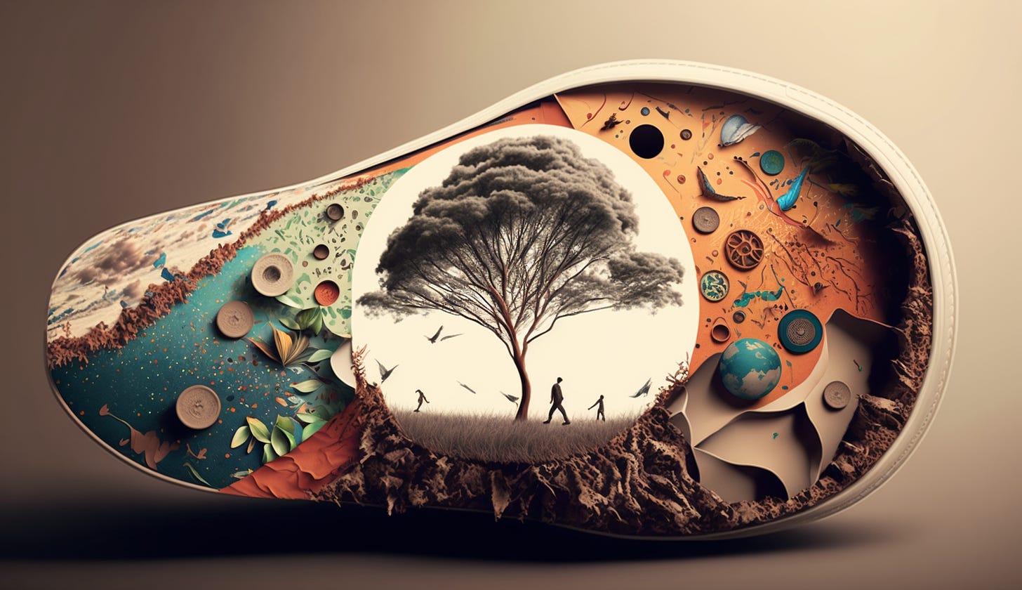 the bottom side of a shoe sole with earth, trees, animals crawling out from it (fantastic, dreamy)