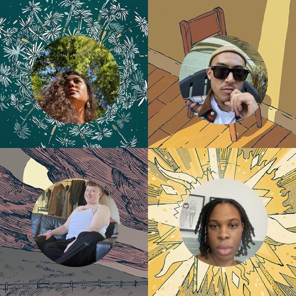 the qtc logo by j marshall smith provides the background for photos of qtc3’s four storytellers. top left: tala khanmalek is viewed from below their chin, dark brown curly hair fills the screen, green foliage shows above her head. top right: anthony yooshin kim wears black sunglasses, the knuckles of one hand rest at his chin, he sits in an outdoor chair. bottom left, teddy max pozo sits on a couch with a hand resting on their puppy Pickle, teddy smiles while wearing a white tank top. bottom right, ai onubogu looks directly into the camera, wearing chin length locs, framed black and white drawings sit on the wall behind them.