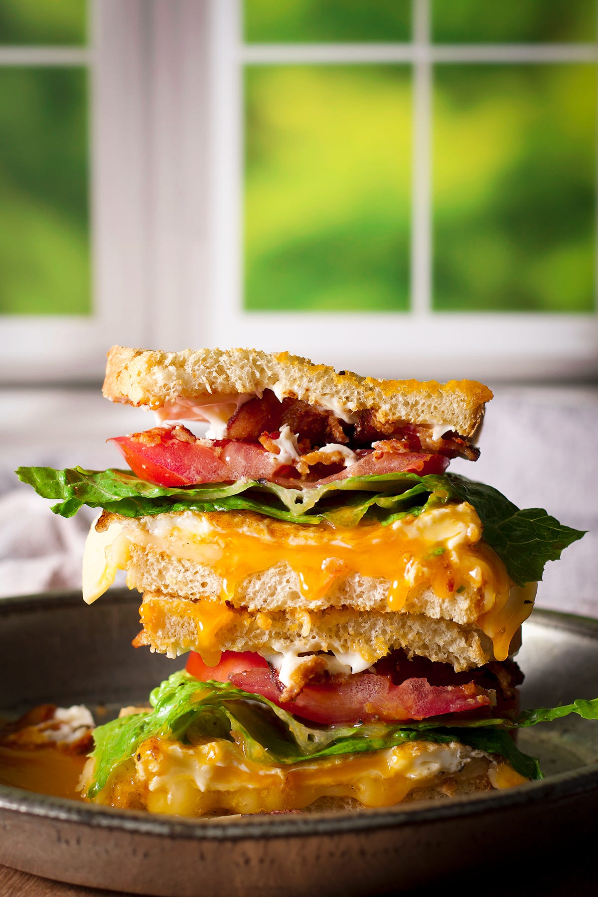 A BLT egg sandwich on a plate by a window.