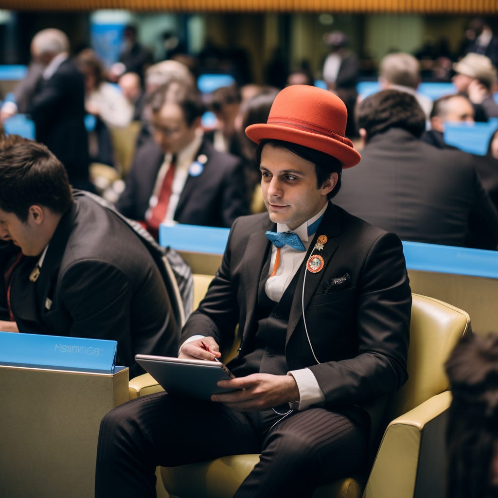 A photograph of a product manager dressed up as a politician sitting in the united nations attempting to persuade a bunch of software engineers to vote for him