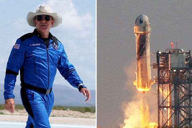 Left to Right: Man wearing a blue spacesuit, sunglasses and cowboy hat; rocket shaped like a male appendage blasting into space.
