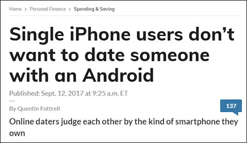 A headline showing that iphone users say they won't date Android users