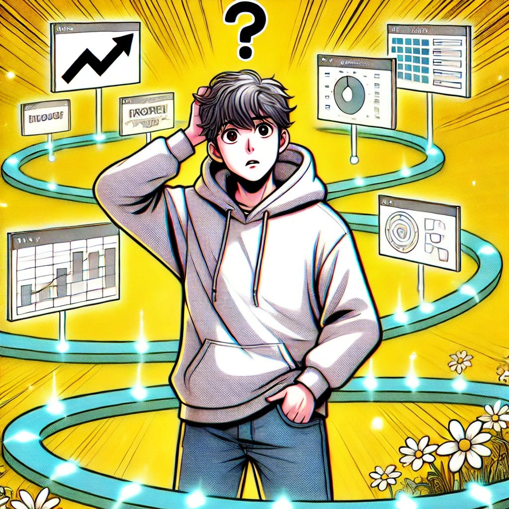 A manga-style cartoon illustration featuring a casually dressed product manager, looking confused while navigating through complex frameworks and processes, symbolized by winding paths and floating charts. The character wears casual clothes, like a hoodie and jeans, and appears puzzled as they try to find their way. The scene prominently features the color yellow (#FBD50D) in the background and highlights, giving a vibrant and energetic feel. The style is detailed, with clean manga lines and expressive character design. No text elements present.