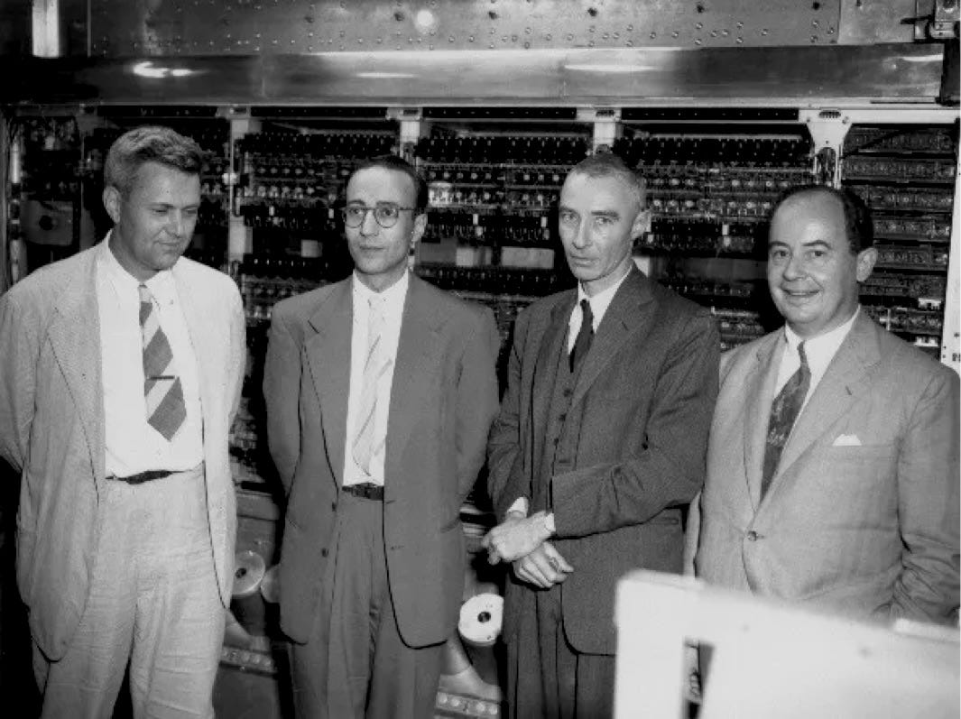 Left to right: Julian Bigelow, Herman Goldstine, J. Robert Oppenheimer and John von Neumann at the Institute for Advanced Study