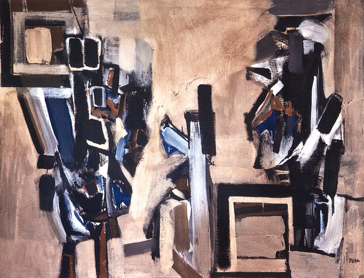 Abstract painting from grad school with three figures you havet to use your imgination to see.