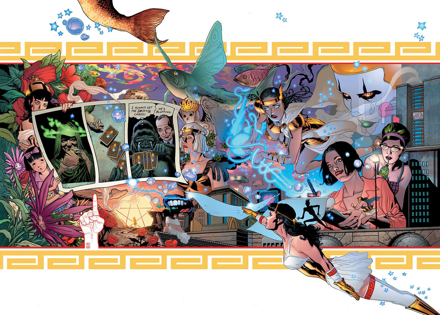 An illustration from the comic book Promethea with different version of the heroine