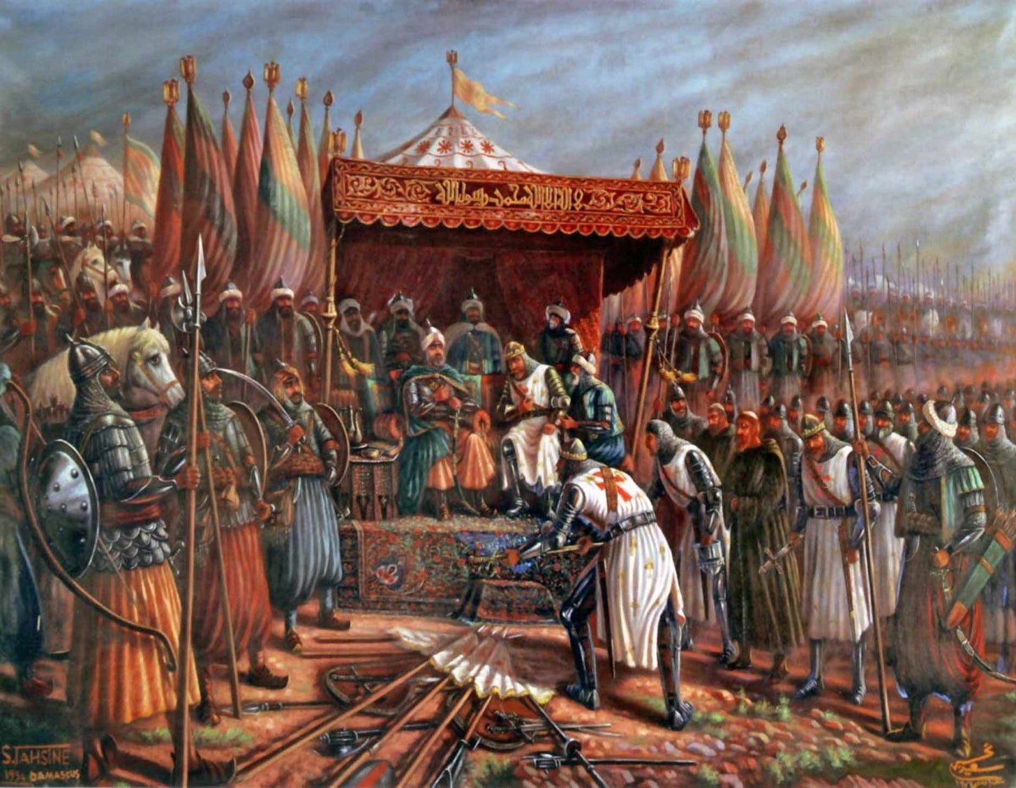 Tarih-i Kadim on Twitter: "Kudüs Krallığı ordusunun neredeyse tamamının imha edildiği Hıttin Muharebesi (1187) sonrasında Kudüs Kralı Lüzinyanlı Guy ve emrindeki Haçlıları, Selâhaddîn Eyyûbî'ye teslim olurken gösteren bir tasvir (Said Tahsin, 1954). Tarih-i Kadim on Twitter: "Kudüs Krallığı ordusunun neredeyse tamamının imha edildiği Hıttin Muharebesi (1187) sonrasında Kudüs Kralı Lüzinyanlı Guy ve emrindeki Haçlıları, Selâhaddîn Eyyûbî'ye teslim olurken gösteren bir tasvir (Said Tahsin, 1954).