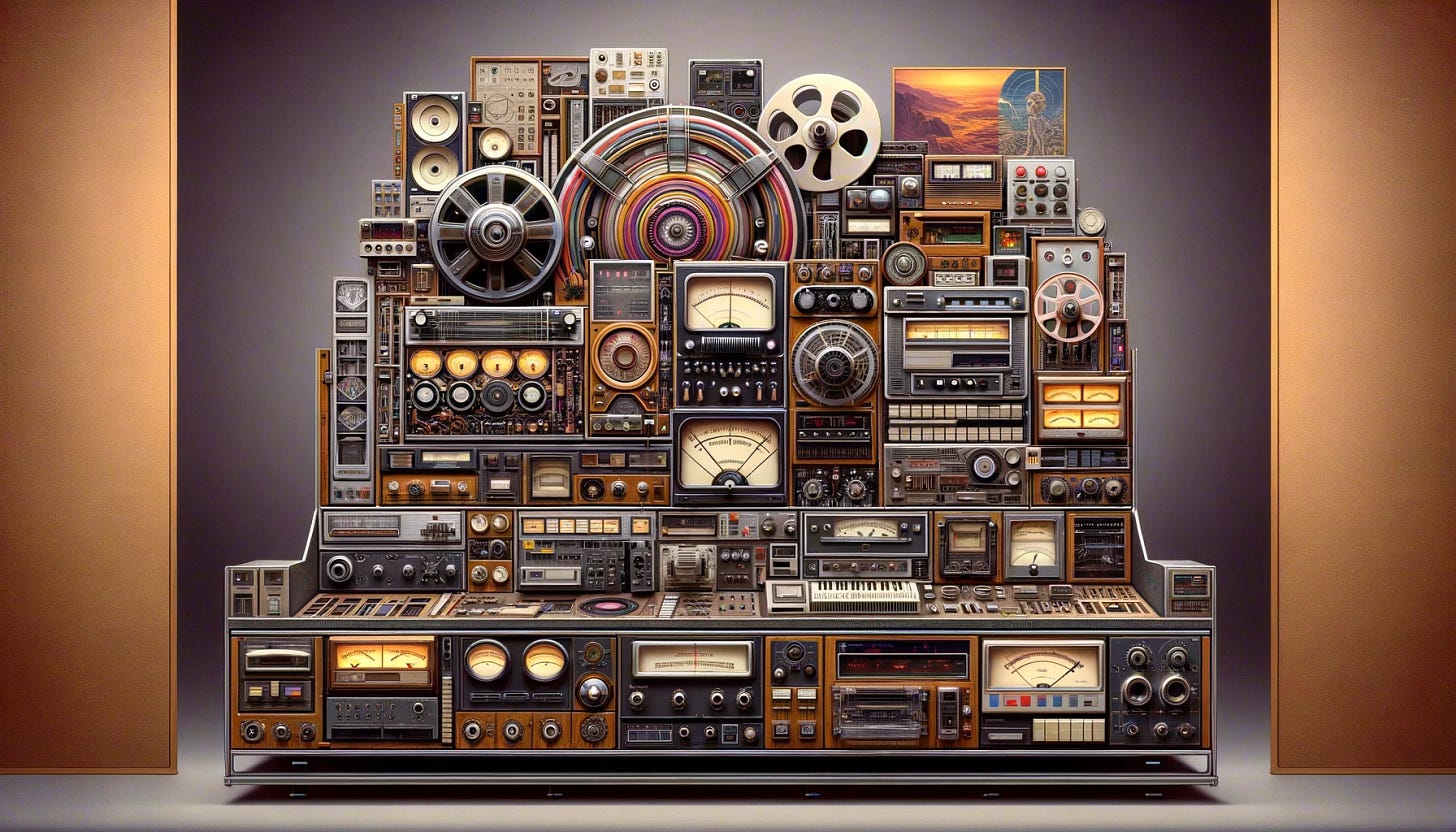 A landscape-oriented portrait of an intricate 1970s machine designed to foretell the future. The machine should embody the design aesthetics and technology of the 1970s, with a retro-futuristic look. Include elements like analog dials, chunky buttons, reel-to-reel tapes, and early computer screens, all integrated into a complex machine. The design should reflect the optimism and imagination of the 70s era of technology, with a mix of science fiction and practical engineering. The background should be in the style of 70s science and technology imagery, perhaps with vintage posters or laboratory settings, to enhance the retro feel. The overall composition should convey a sense of nostalgia and the creative vision of the future from a 1970s perspective.