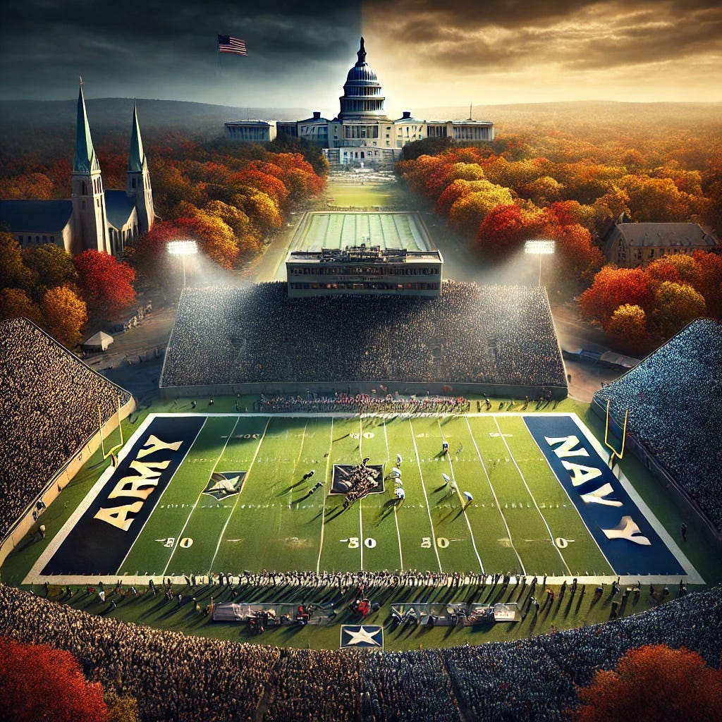 A dramatic image showcasing a historic Army-Navy football game setting with two intense showdowns in mind. The scene should feature an aerial view of a football stadium surrounded by fall foliage at West Point, New York, representing the potential American Athletic Conference championship game location, with the shadow of the U.S. Capitol building subtly in the distance, symbolizing the traditional Army-Navy game soon to be held near Washington, D.C. The football field should have a clear Army vs. Navy theme, with the Army team in black and gold uniforms and Navy in blue and gold, mid-play. The atmosphere is charged with patriotic colors, a sense of rivalry, and honor, capturing the spirit of service members and student-athletes competing in this unique tradition. 1024x1024.