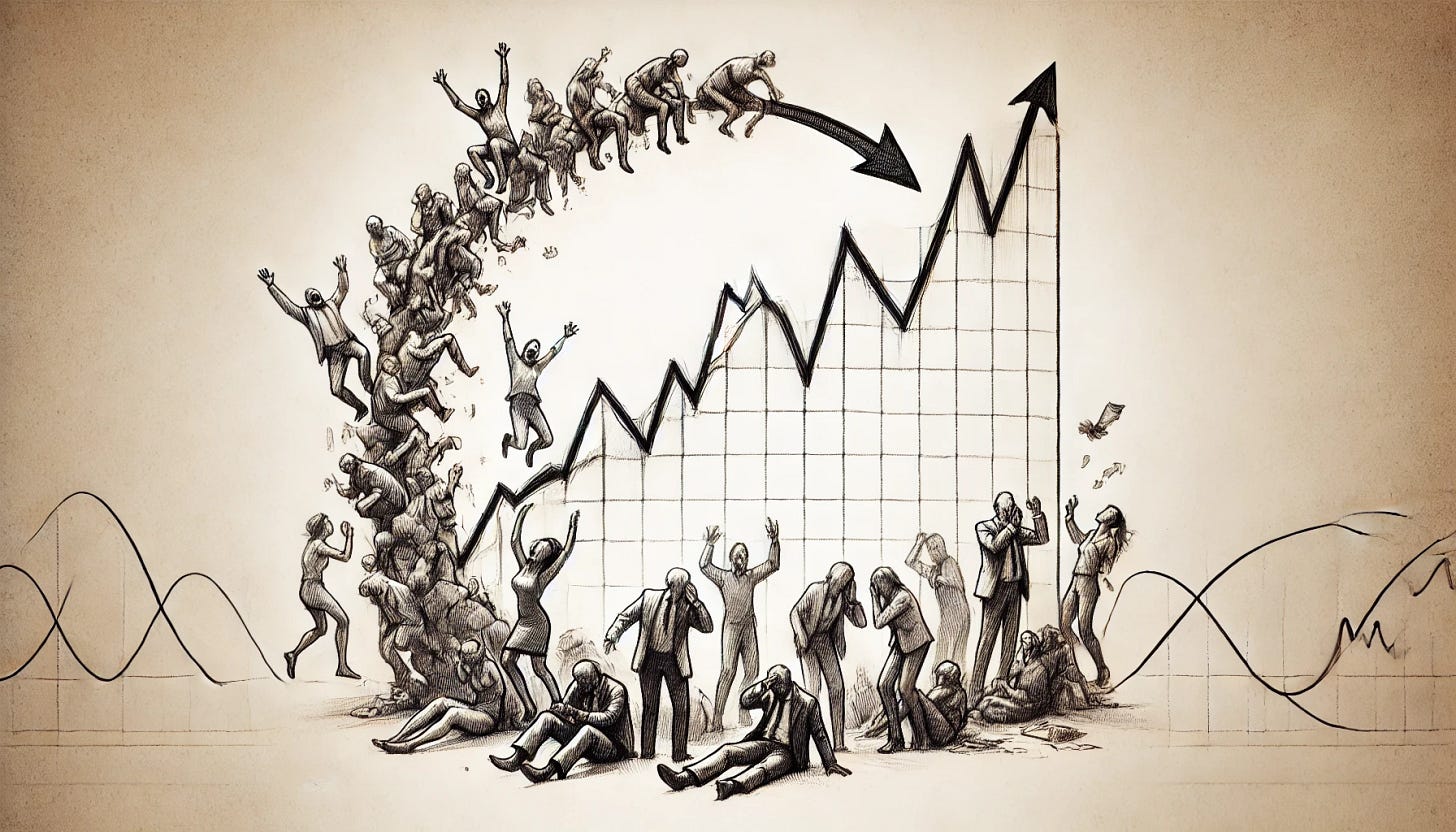 A loose, minimalistic sketch of an economic cycle represented as a graph with a rising curve transitioning to a sharp drop, emphasizing the cyclical nature. Around the graph, sketched figures show a mix of emotions, with some displaying excitement and celebration during the rising curve (jumping, raising hands, smiling) and others showing anxiety and nervousness during the sharp drop (biting nails, holding heads, sweating). The drawing is freehand-style, with light, imperfect pencil or charcoal lines, focusing on the emotional reactions to the economic cycle without any text or labels. The composition is clean, with a wide aspect ratio for a broader scene.