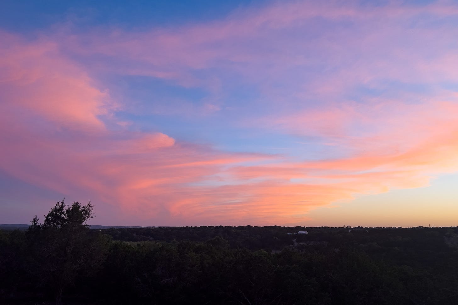 A sunset sky with varied shades of peach and pink clouds against a blue sky with darkened tree tops at the bottom of the frame