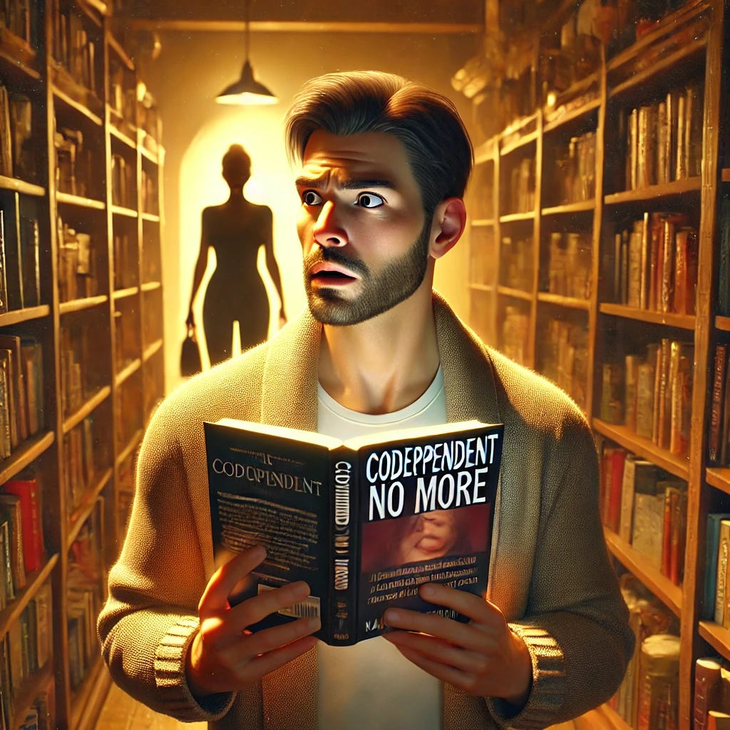 A realistic digital painting of a man standing in a dimly lit bookstore, holding a book titled 'Codependent No More' with a shocked and contemplative expression. The bookstore has warm golden lighting, with shelves of books surrounding him. In the background, a blurred shadowy silhouette of a woman looms subtly, symbolizing the emotional weight of his realization. The scene captures a moment of deep personal awakening, with a balance of realism and emotional intensity.