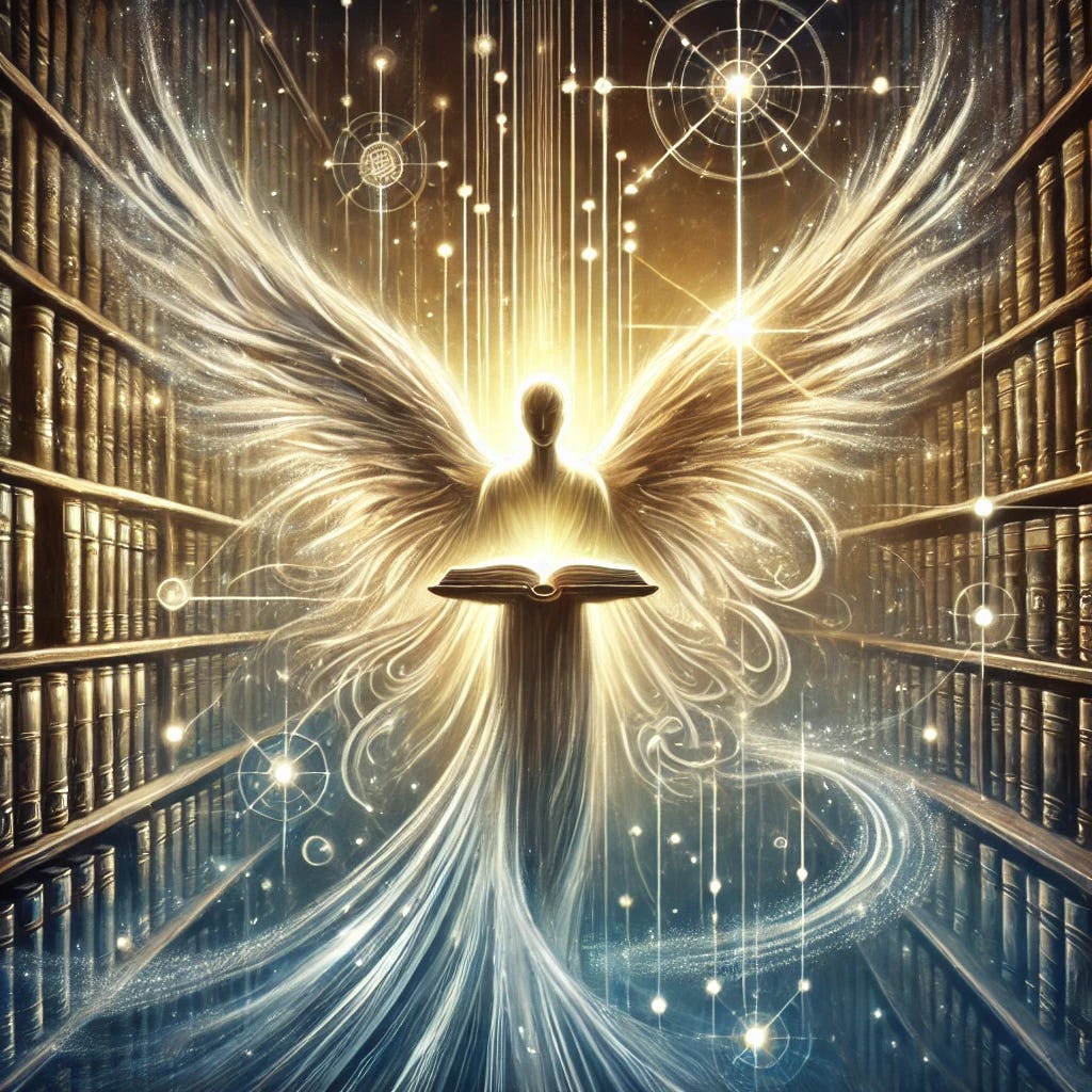 An artistic and symbolic illustration inspired by Arthur Koestler’s concept of the Library Angel, focusing on serendipity and guidance in intellectual and creative pursuits. The image features a glowing, ethereal figure resembling an angel or a luminous presence, subtly directing light toward an open book in an old library setting. Shelves of books fade into the background, with beams of light connecting certain books to the central one, symbolizing interconnected knowledge and synchronicity. The color palette includes warm golds, silvers, and soft blues to evoke mystery, inspiration, and discovery.