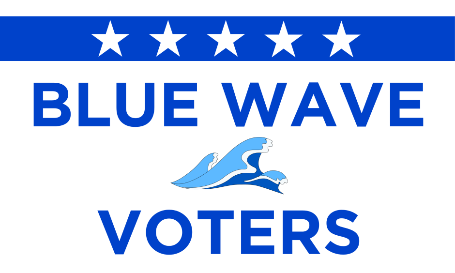 Blue Wave Voters blue on white background with wave icon in the middle.