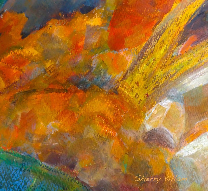 Sherry Killam's painting of orange rocks and gold twigs.