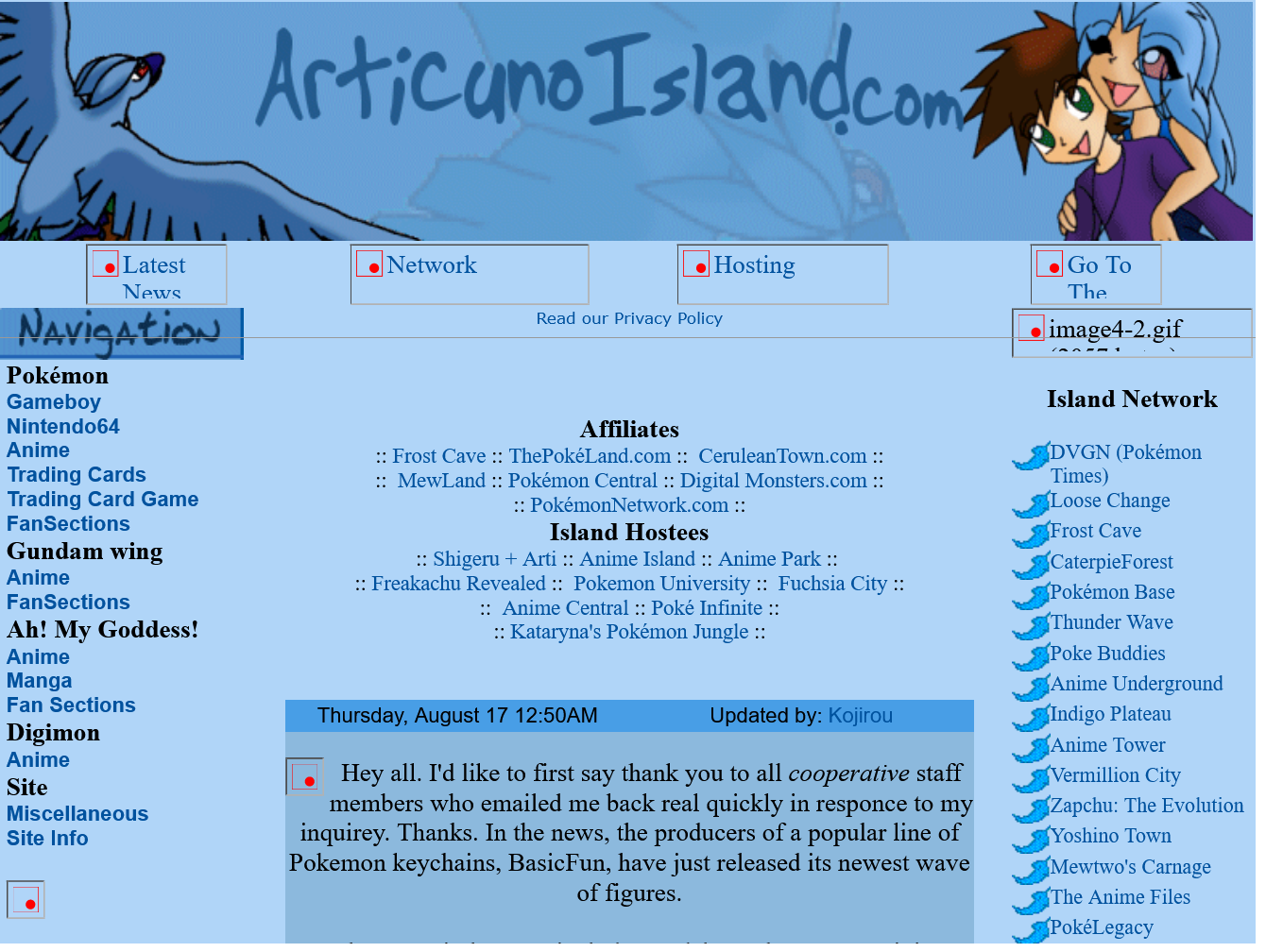 Articuno Island (snapshot from August 2000) had a network that featured dozens of Pokémon fan websites from the early era, including Serebii’s Pokémon Page (now known as Serebii.net) and Bulbagarden, two huge communities that have grown to become pillars of the Pokémon fan community to this day.