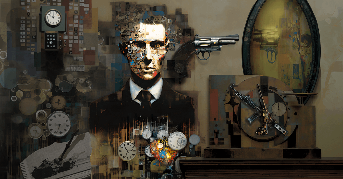 "Every Clock a Handgun Pointed at My Head," a digital image by the author of overlapping elements related to time, violence, inner turmoil. The central figure, a suited man with a face made of gears, springs and clock parts, conveying a sense of being consumed by time.  Surrounding is a chaotic array of clock faces, gears, bullets, gun parts, and mechanical debris, blending together in sepia tones & metallic textures.  Revolvers, clock hands and springs emerge from the shadows  distinctly. Other figures fade into background.  The piece employs intricate digital rendering and layering techniques to create a detailed, machines-meets-Dali aesthetic. The limited color palette & seamless merging of elements lend a surreal, dreamlike quality, inviting the viewer to unpack the symbolic associations.  Overall, a thought-provoking, slightly unsettling reflection on time, mortality, and existential dread.
