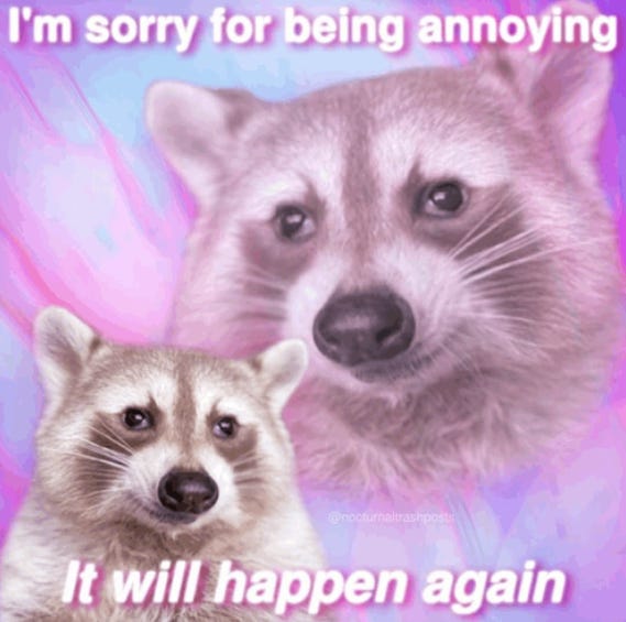 Meme of a raccoon against pink and blue background that says "I'm sorry for being annoying. It will happen again."